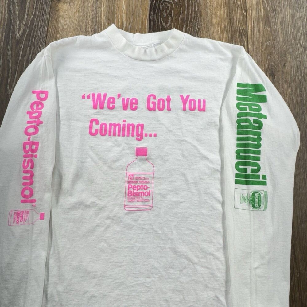 Vintage Drug Shirt Mens L White Pepto Bismol Metamucil We Got You Coming & Going